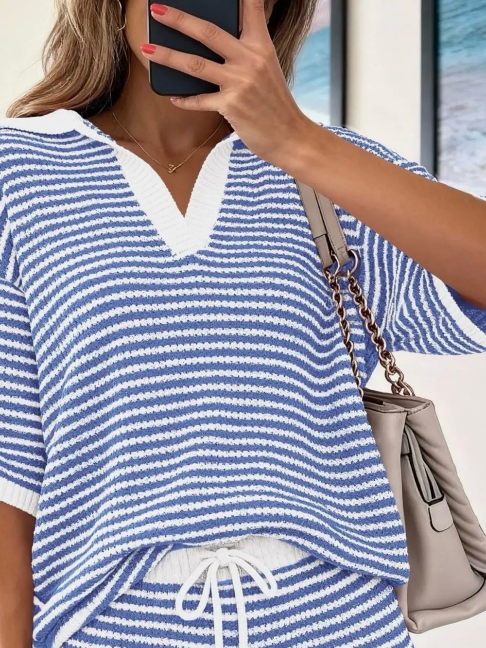 Blue & White Striped Knit V-Neck Top with Matching Shorts Set